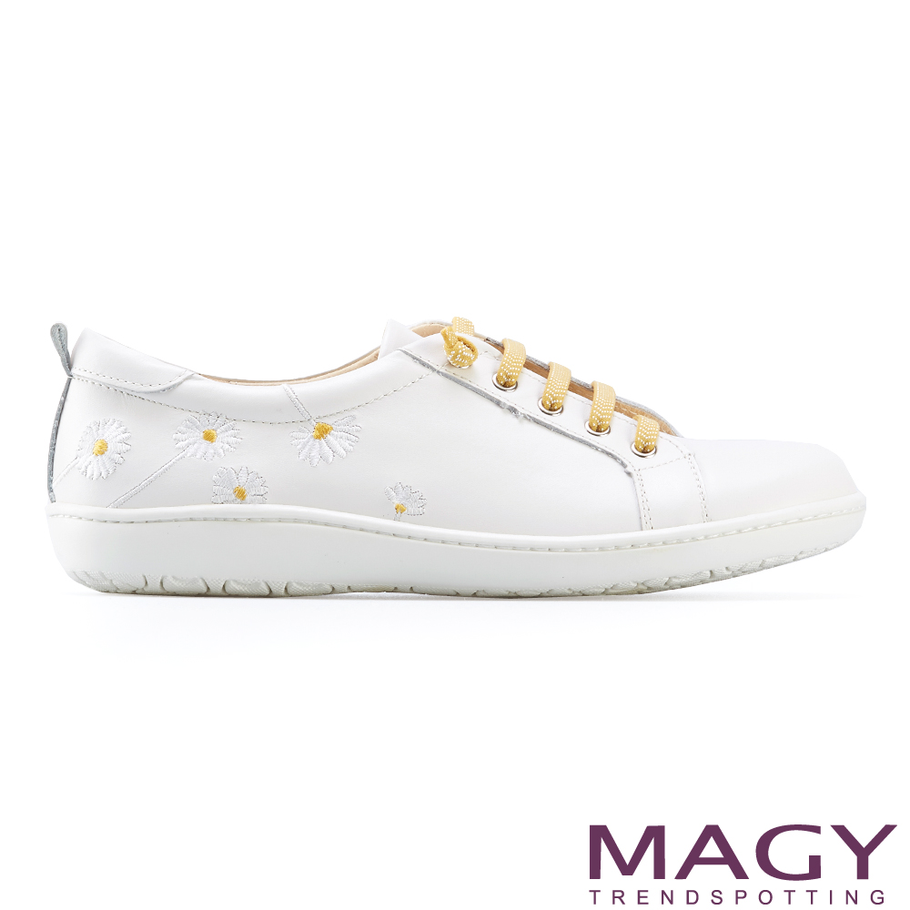 MAGY 真皮刺繡花朵綁帶休閒鞋 白底黃花 #15383