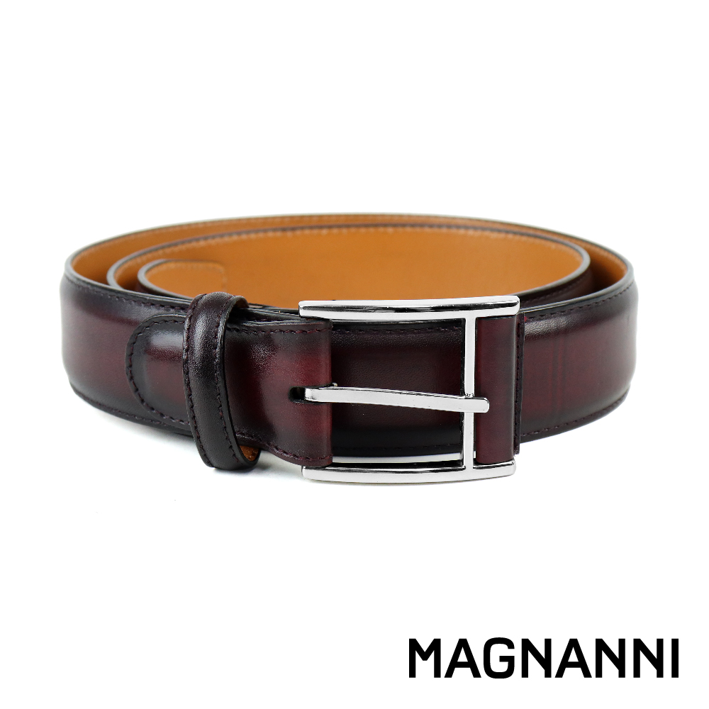 【MAGNANNI】西班牙原廠素面刷色針扣式皮帶 暗酒紅(ZM530-BUR)
