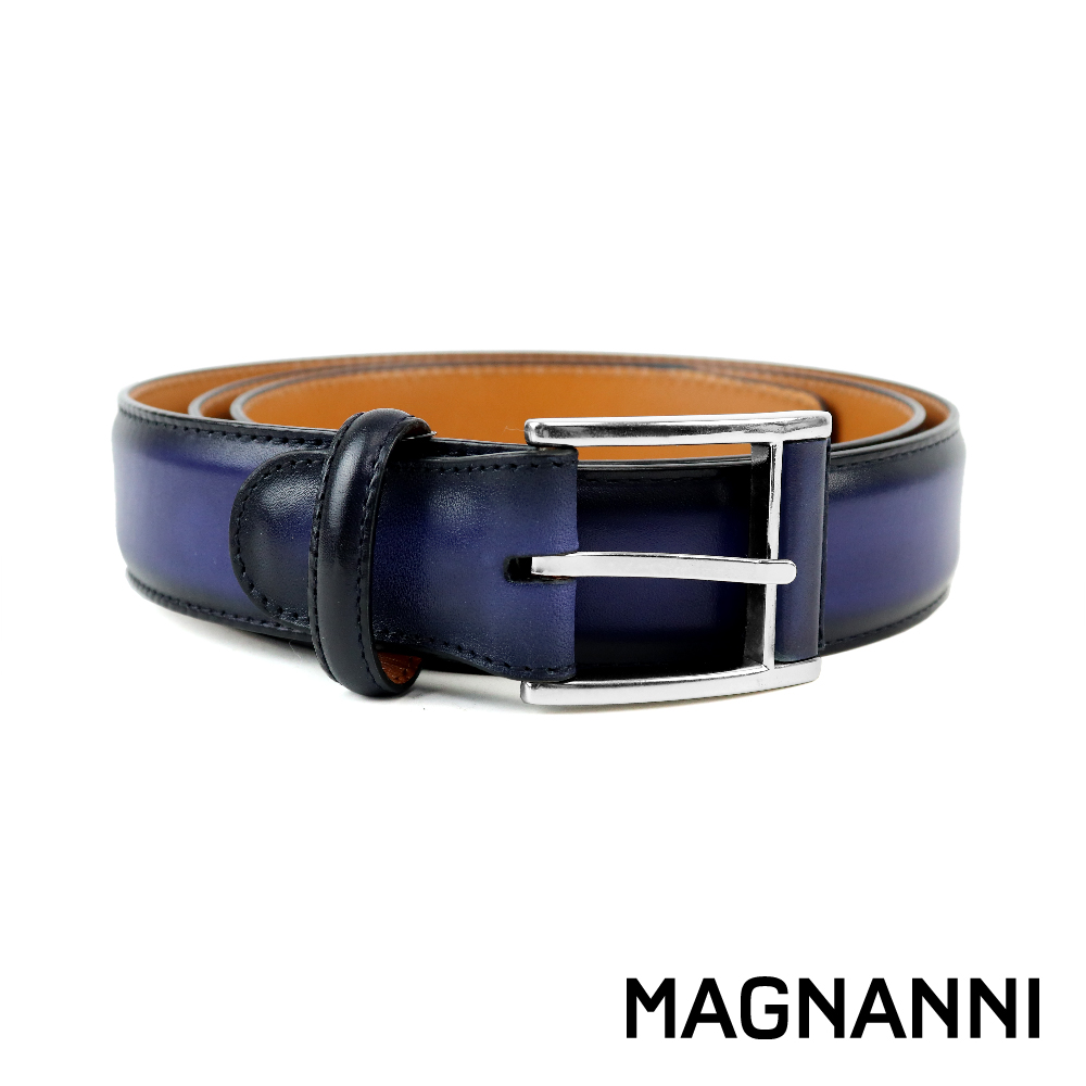 【MAGNANNI】西班牙原廠手染色針扣式皮帶 海軍藍(ZM531-NA)