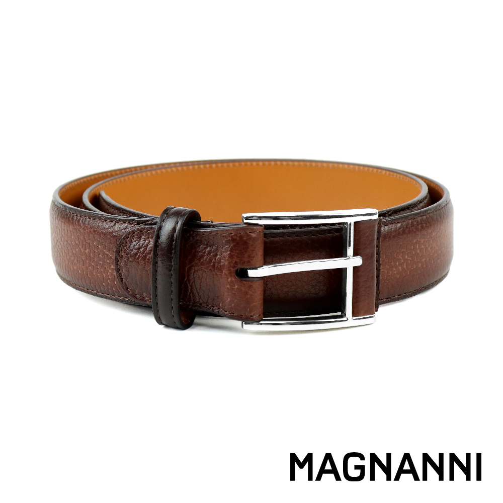 【MAGNANNI】西班牙原廠荔枝紋針扣式皮帶 摩卡棕(ZM573-MBR)