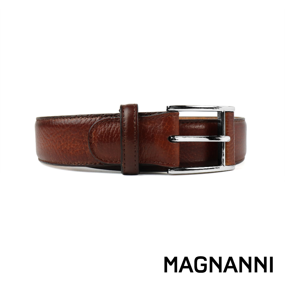 【MAGNANNI】西班牙原廠荔枝紋針扣式皮帶 棕色(ZM575-COG)