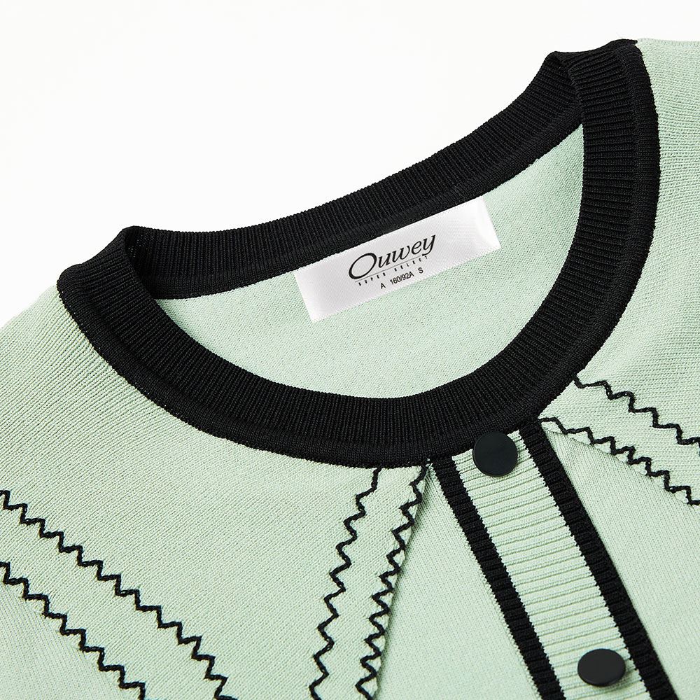 OUWEY歐薇 撞色領片壓褶袖針織上衣(淺綠色；S-L)3241195006_2