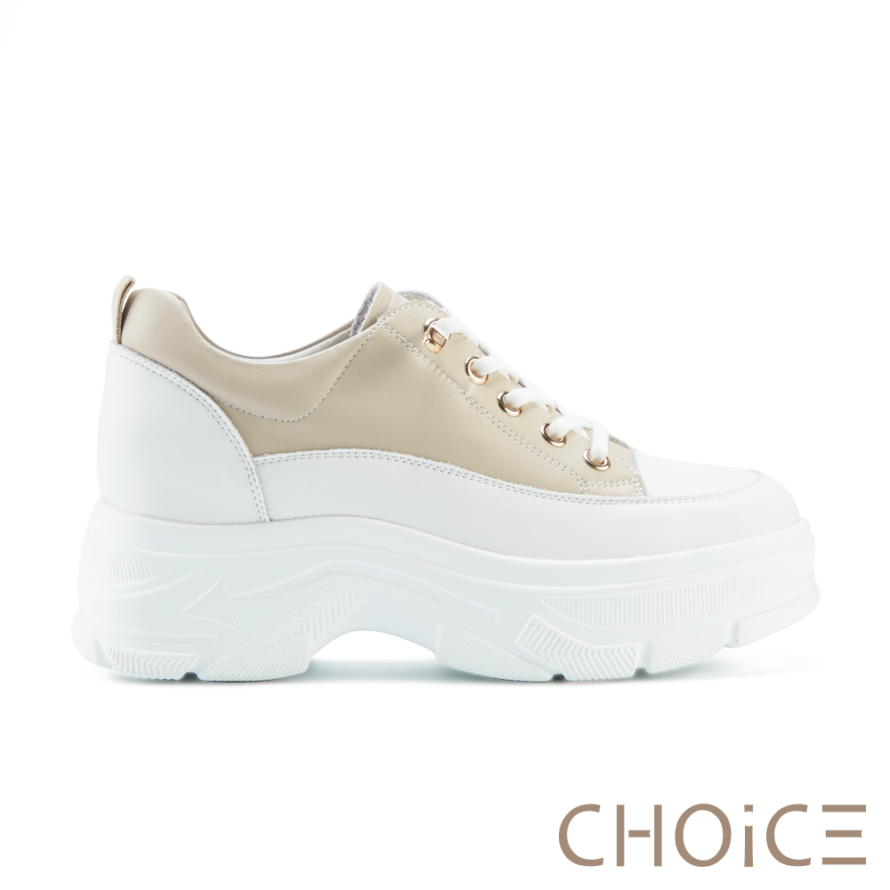 CHOiCE 全牛皮免綁帶厚底休閒鞋 杏色 #38356