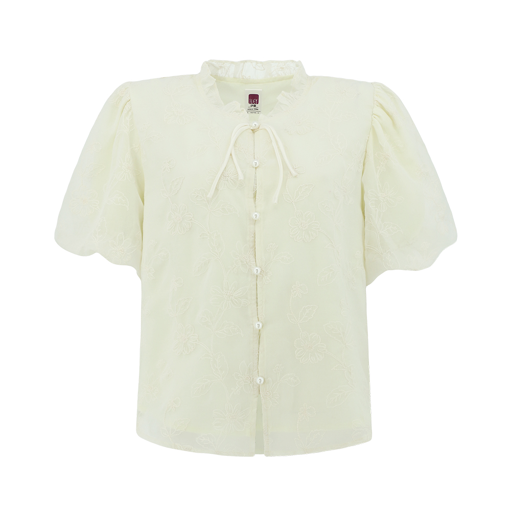 ILEY伊蕾 新中式車繡荷葉領泡袖上衣(杏色；M-XL)1242391103_4