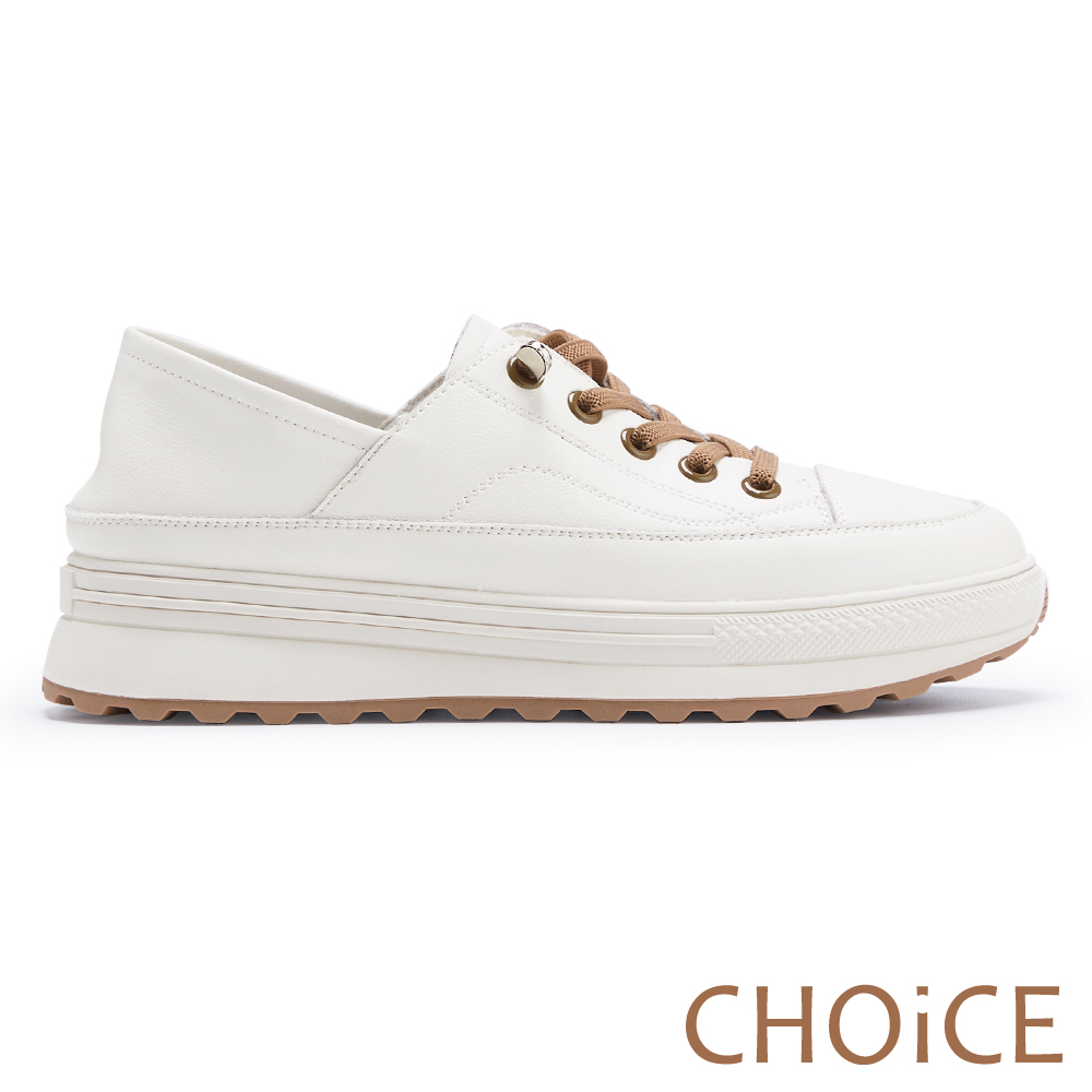 CHOiCE 質感牛皮免綁帶厚底休閒鞋 米色 #38365