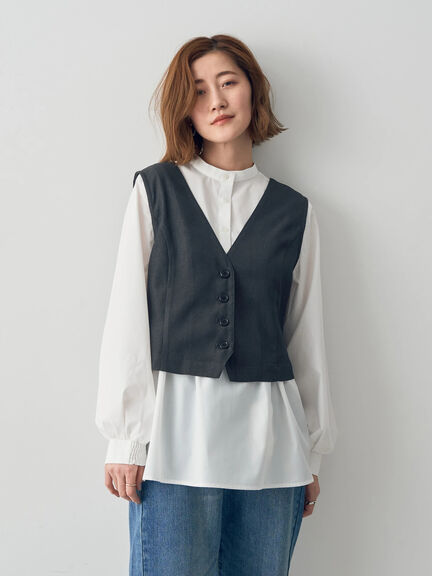 【SET ITEM】2Way俐落排釦V領背心+素面分層襬圓領長袖襯衫(7C41L0A1000) - YECCA VECCA