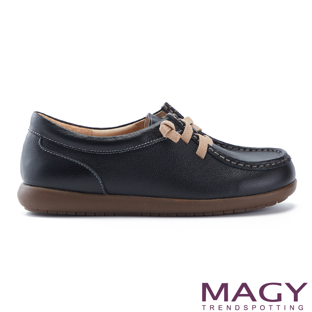 MAGY 素面縫線鬆緊帶真皮休閒鞋 黑色 #15380