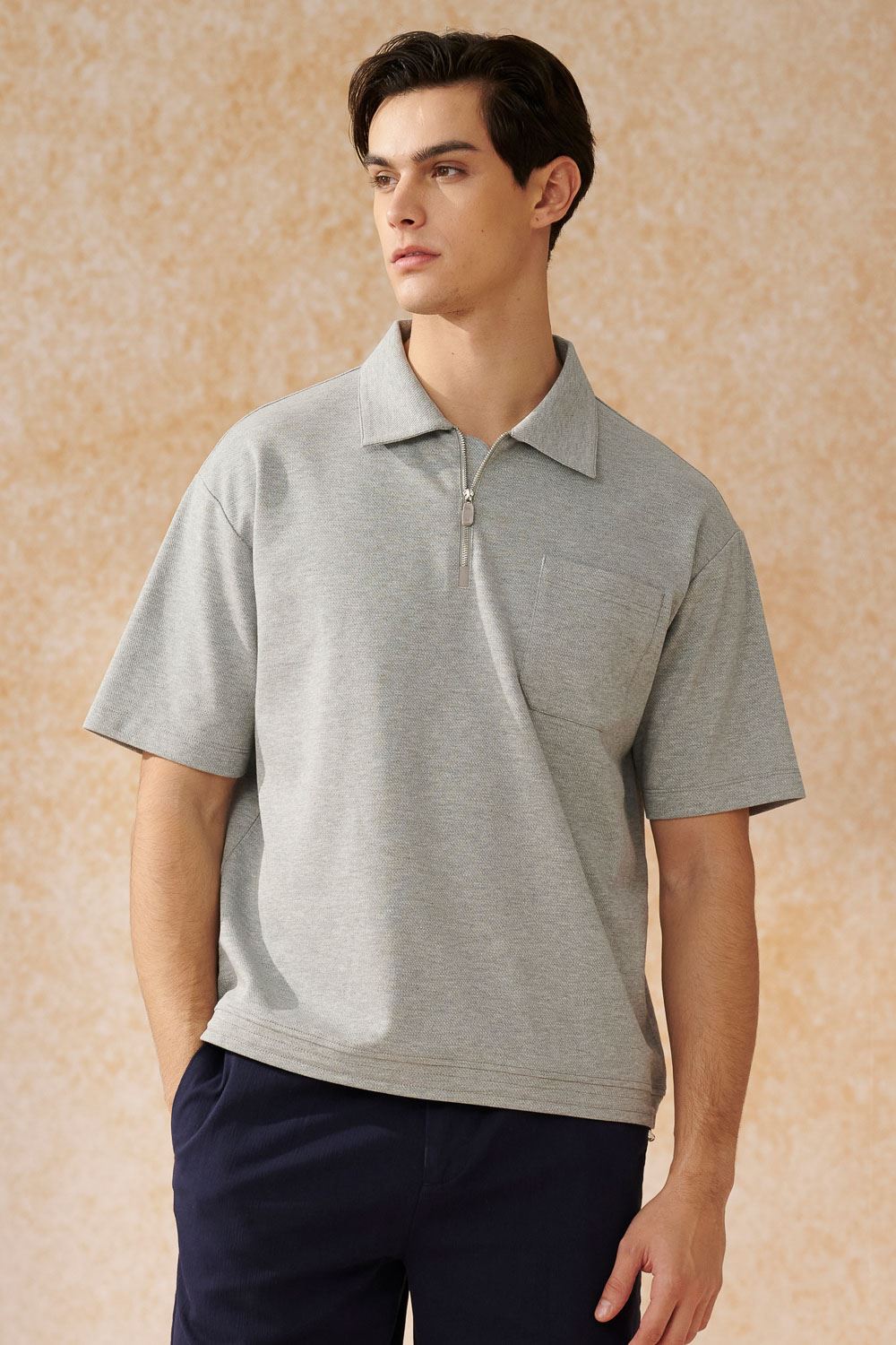 SST&C Light Gray Loose Version With Half Placket Zipper Short Sleeves | 1012403008  (Outlet)_0