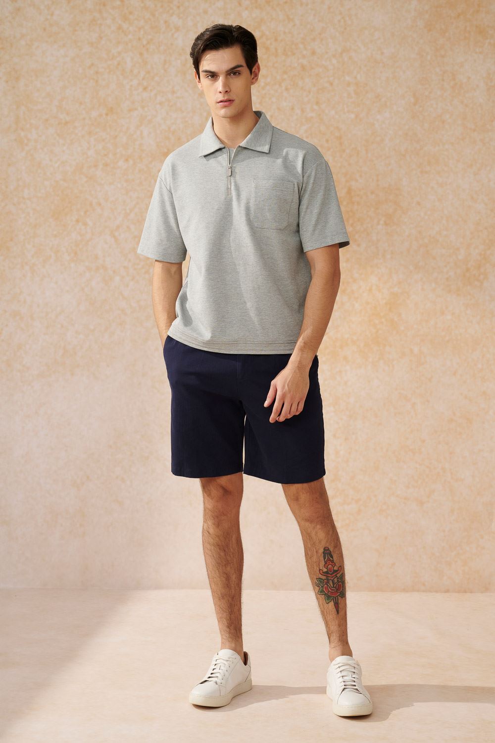 SST&C Light Gray Loose Version With Half Placket Zipper Short Sleeves | 1012403008  (Outlet)_2