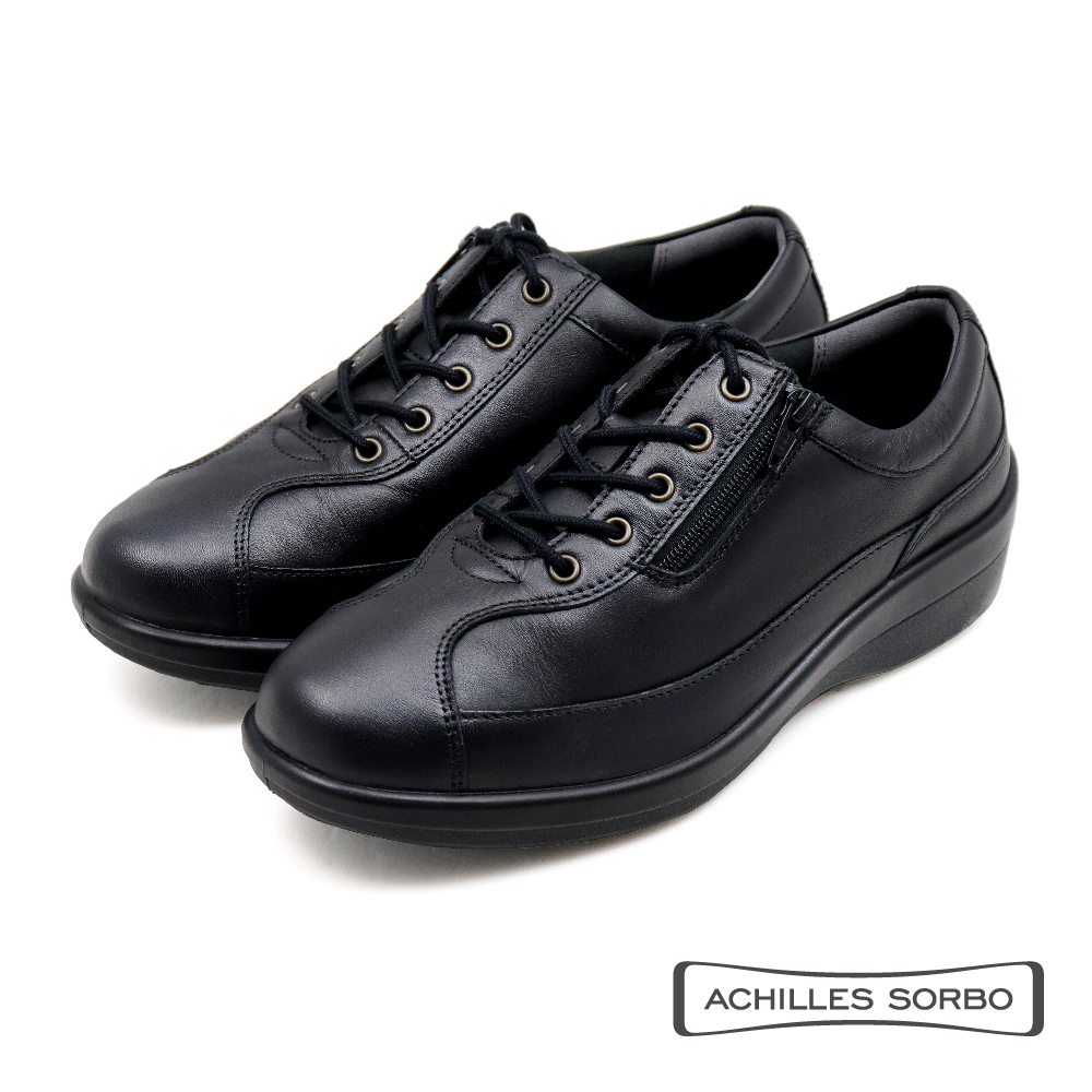 【Achilles】拼接側拉鍊造型增高綁帶休閒鞋 黑色(ASC547-BL)