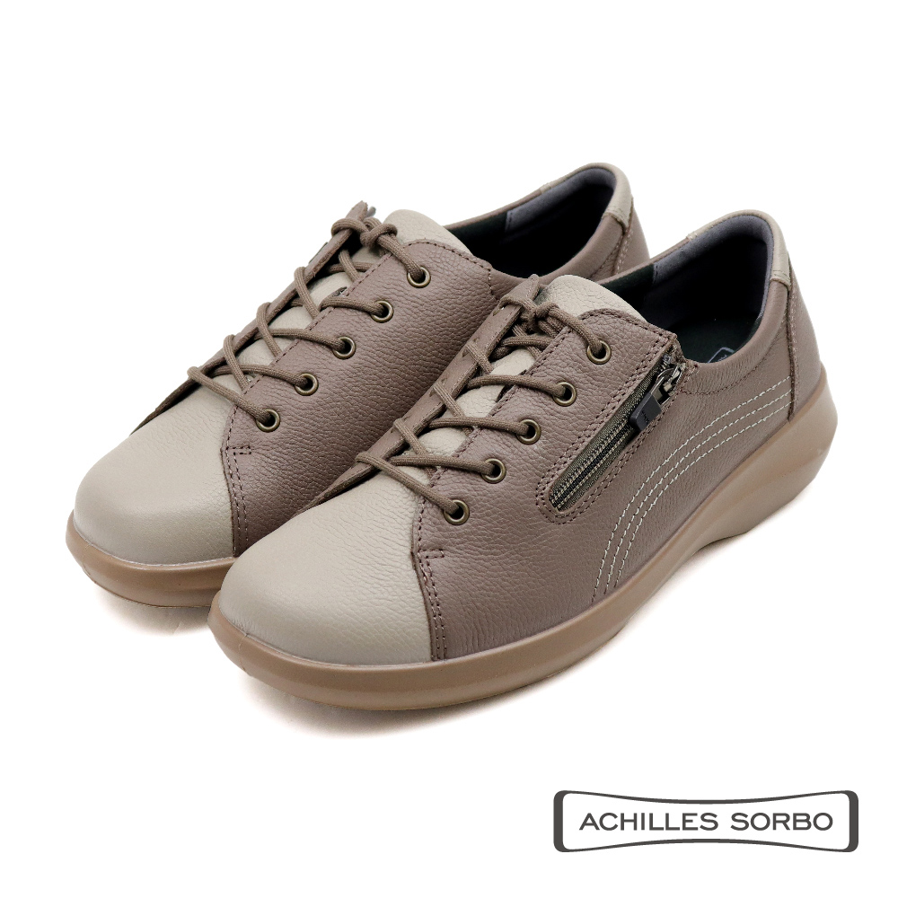 【Achilles】防水撞色拼接測拉鍊綁帶休閒鞋 暖灰色(ASC557-HWH)