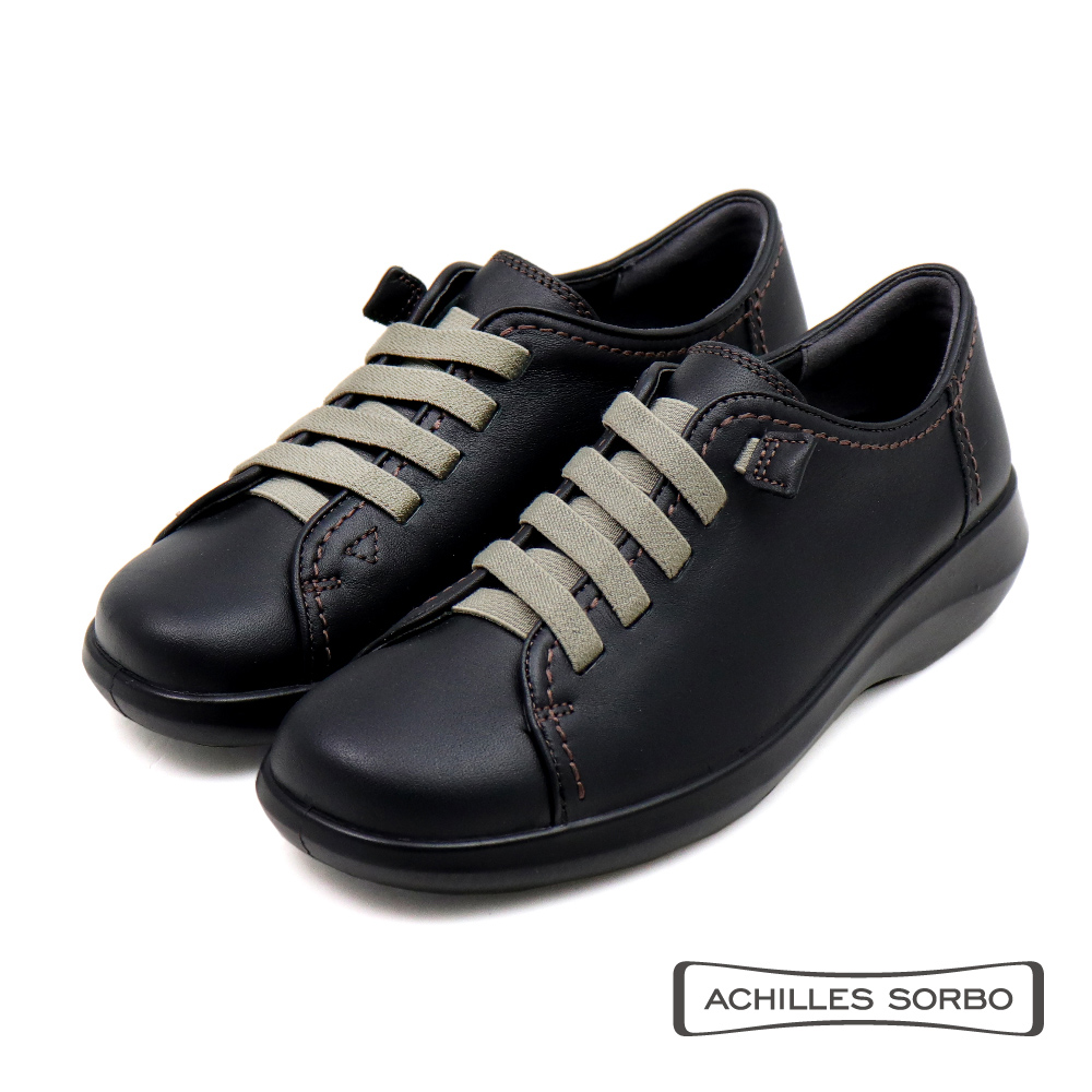 【Achilles】免綁帶壓線造型真皮休閒鞋 黑色(ASC558-BL)