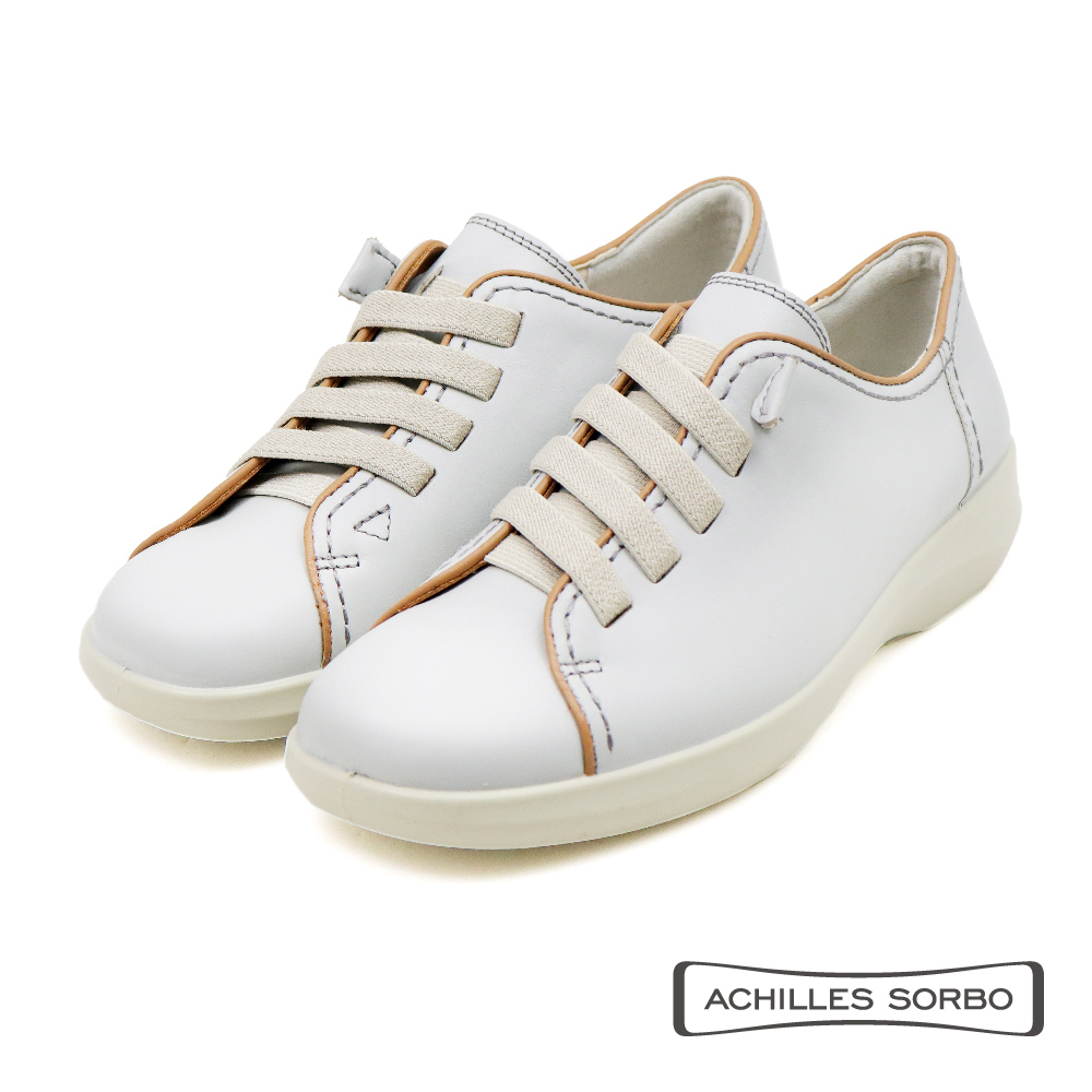 【Achilles】免綁帶壓線造型真皮休閒鞋 淺灰色(ASC558-LGY)
