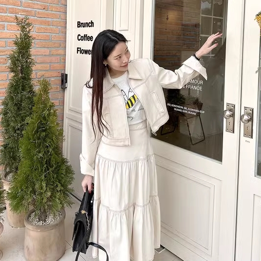 【限量現貨】兩件任選．簡約外縫線翻領拉鏈外套 / 高腰蛋糕半身長裙．白鳥麗子  出清_3