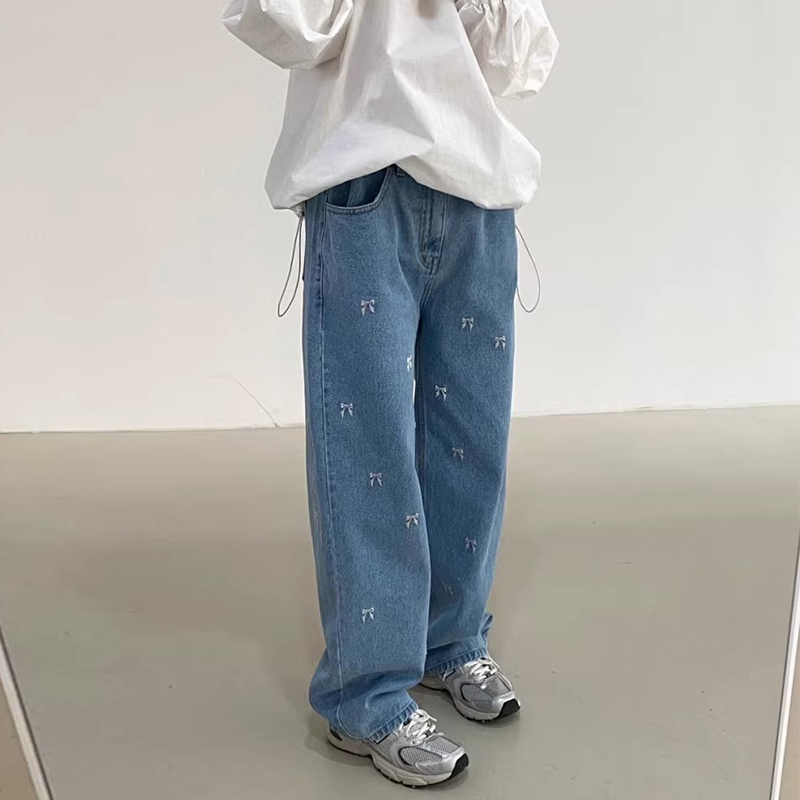 牛仔褲．韓風蝴蝶結刺繡寬鬆直筒長褲．白鳥麗子_3