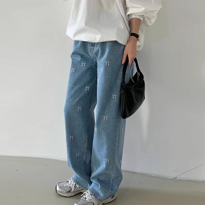 牛仔褲．韓風蝴蝶結刺繡寬鬆直筒長褲．白鳥麗子_5
