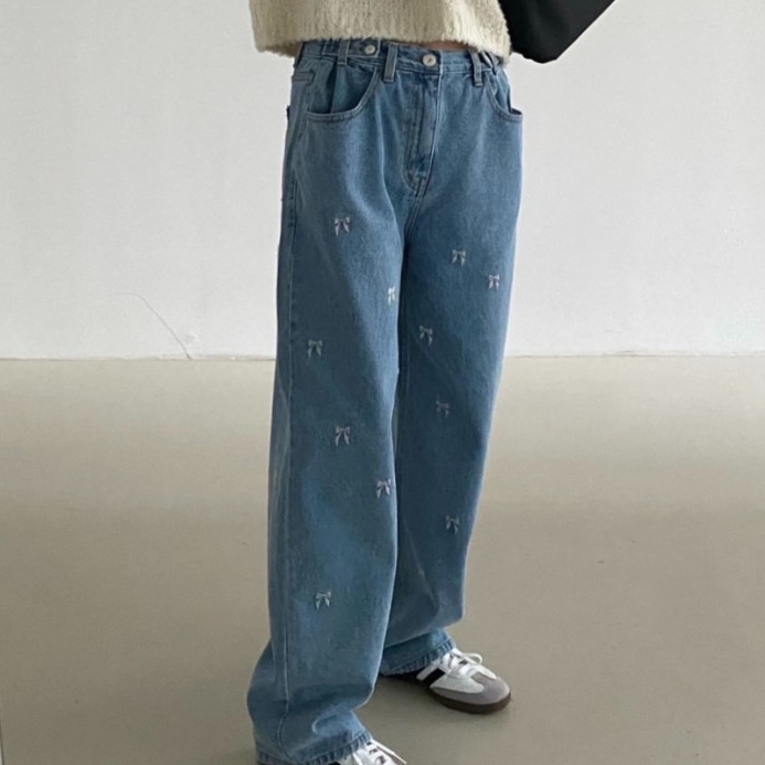 牛仔褲．韓風蝴蝶結刺繡寬鬆直筒長褲．白鳥麗子_7