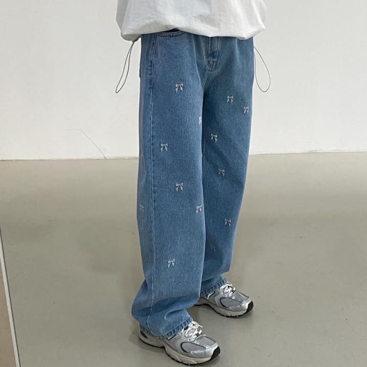 牛仔褲．韓風蝴蝶結刺繡寬鬆直筒長褲．白鳥麗子_8