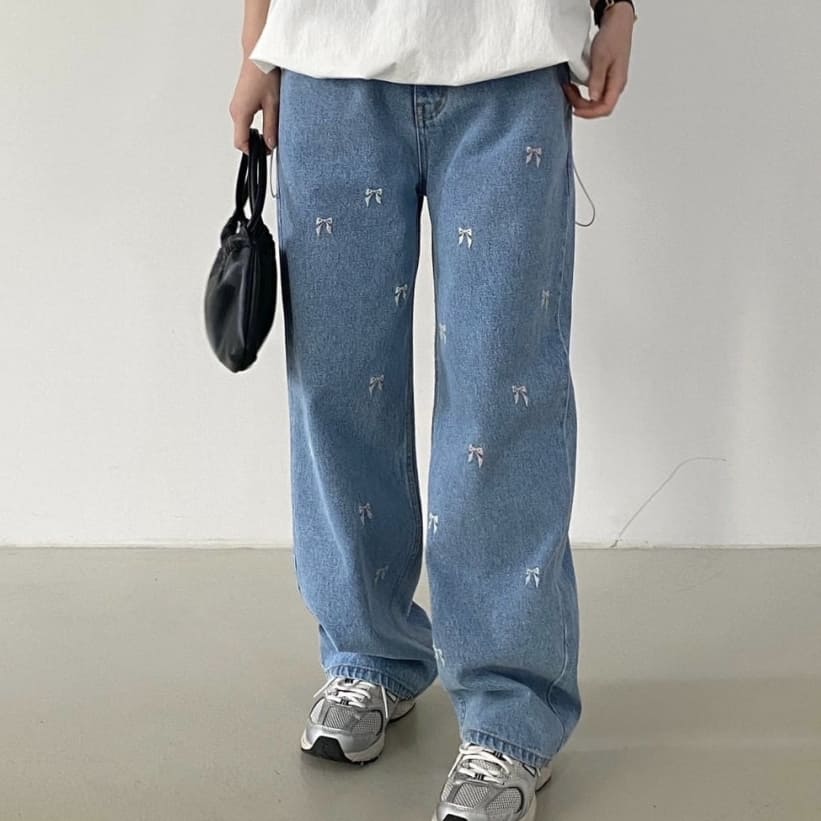 牛仔褲．韓風蝴蝶結刺繡寬鬆直筒長褲．白鳥麗子_9