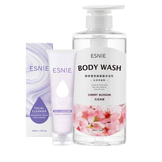 【Esnie伊絲妮】輕柔香氛胺基酸沐浴乳1入(花見與櫻/果果蘋語/海洋白麝香/曙光)+輕潤芋淬-胺基酸潔顏霜100ML_1