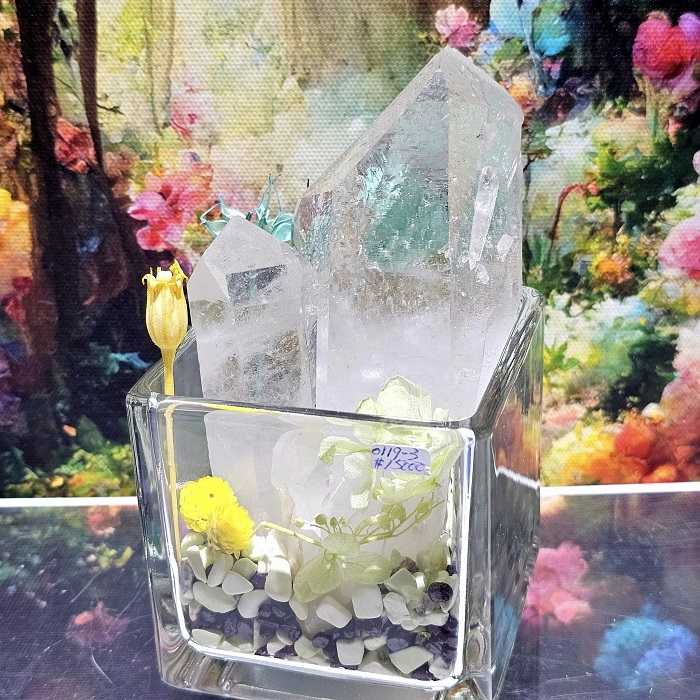水晶盆栽0119-3號 美國阿肯色州母子水晶白水晶柱+檸檬玉髓、紅石榴、橄欖石 ~好運繁榮無限大風水缽_0