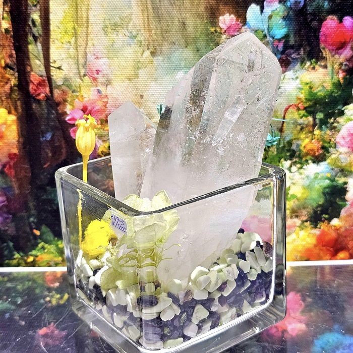 水晶盆栽0119-3號 美國阿肯色州母子水晶白水晶柱+檸檬玉髓、紅石榴、橄欖石 ~好運繁榮無限大風水缽_1