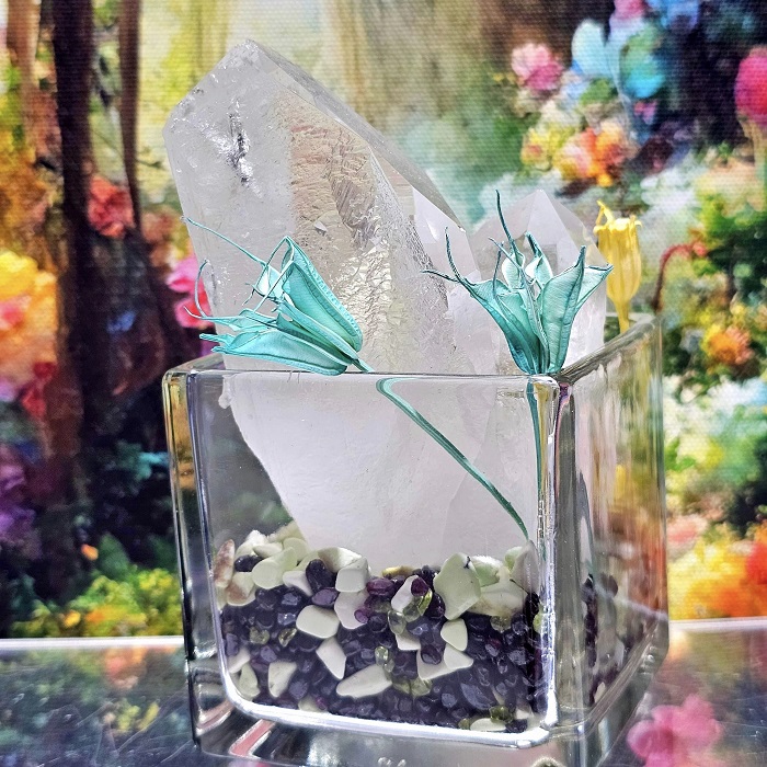 水晶盆栽0119-3號 美國阿肯色州母子水晶白水晶柱+檸檬玉髓、紅石榴、橄欖石 ~好運繁榮無限大風水缽_2