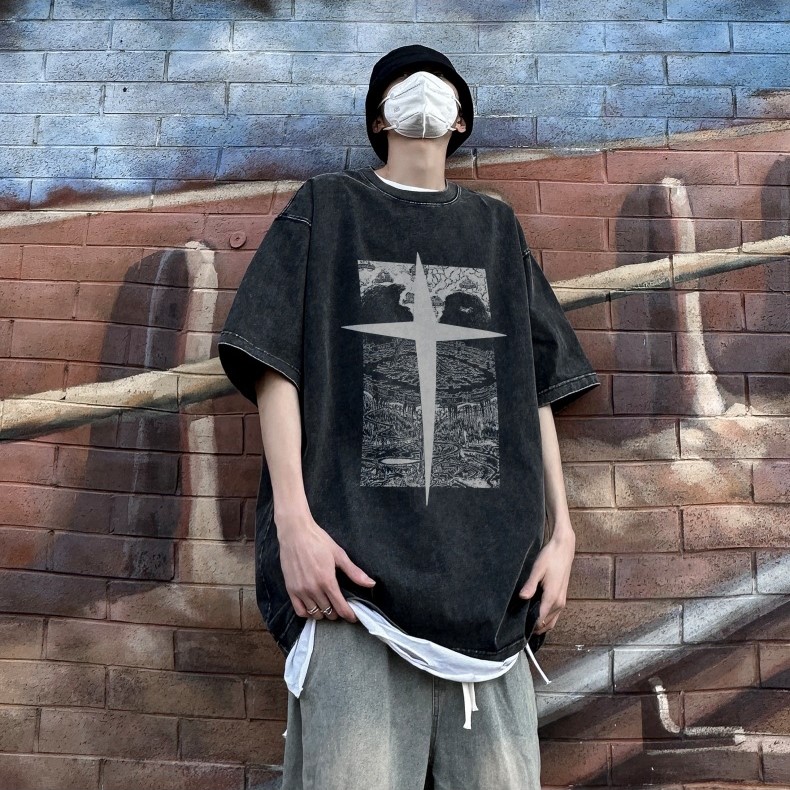 十字星神秘的村落純棉做舊水洗短TEE_0