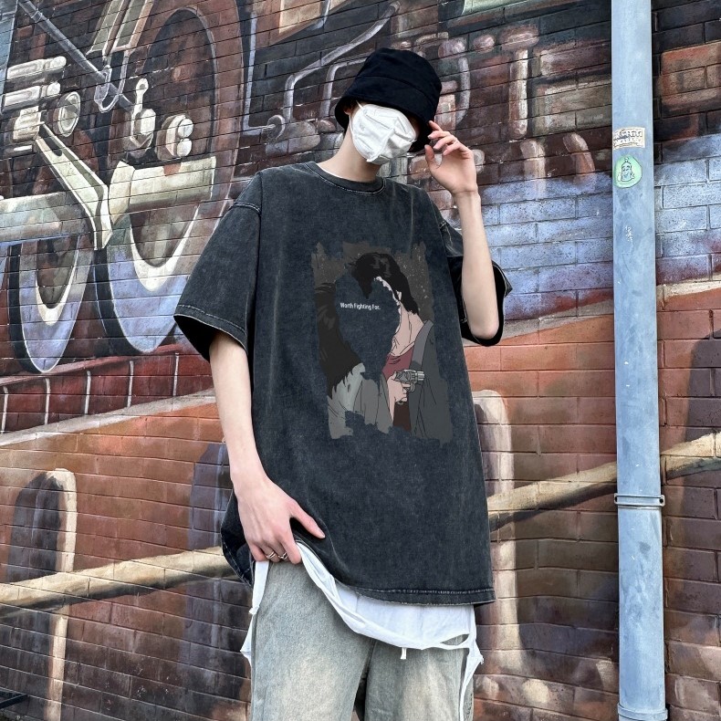 主角不明的插畫純棉做舊水洗短TEE_0