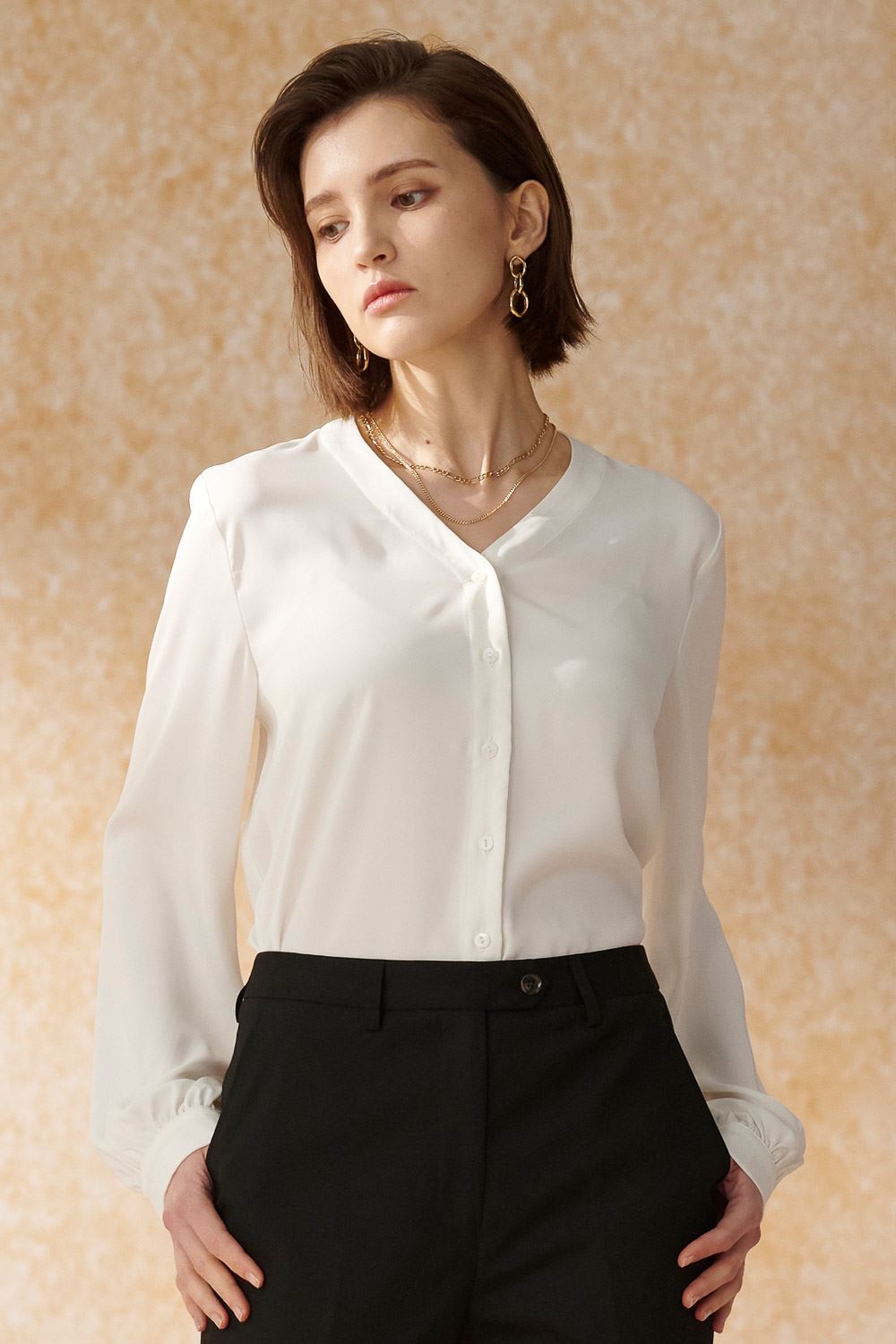 SST&C White V-Neck Silk Top | 7662404005  (Outlet)_0
