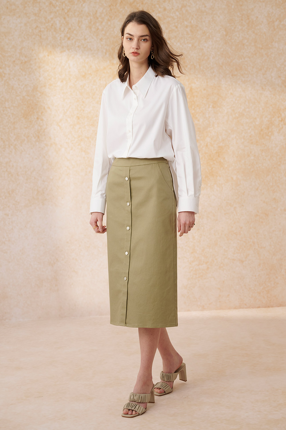 SST&C Light Gray Green Button-Embellished Knee-Length Skirt | 8362404003  (Outlet)_2