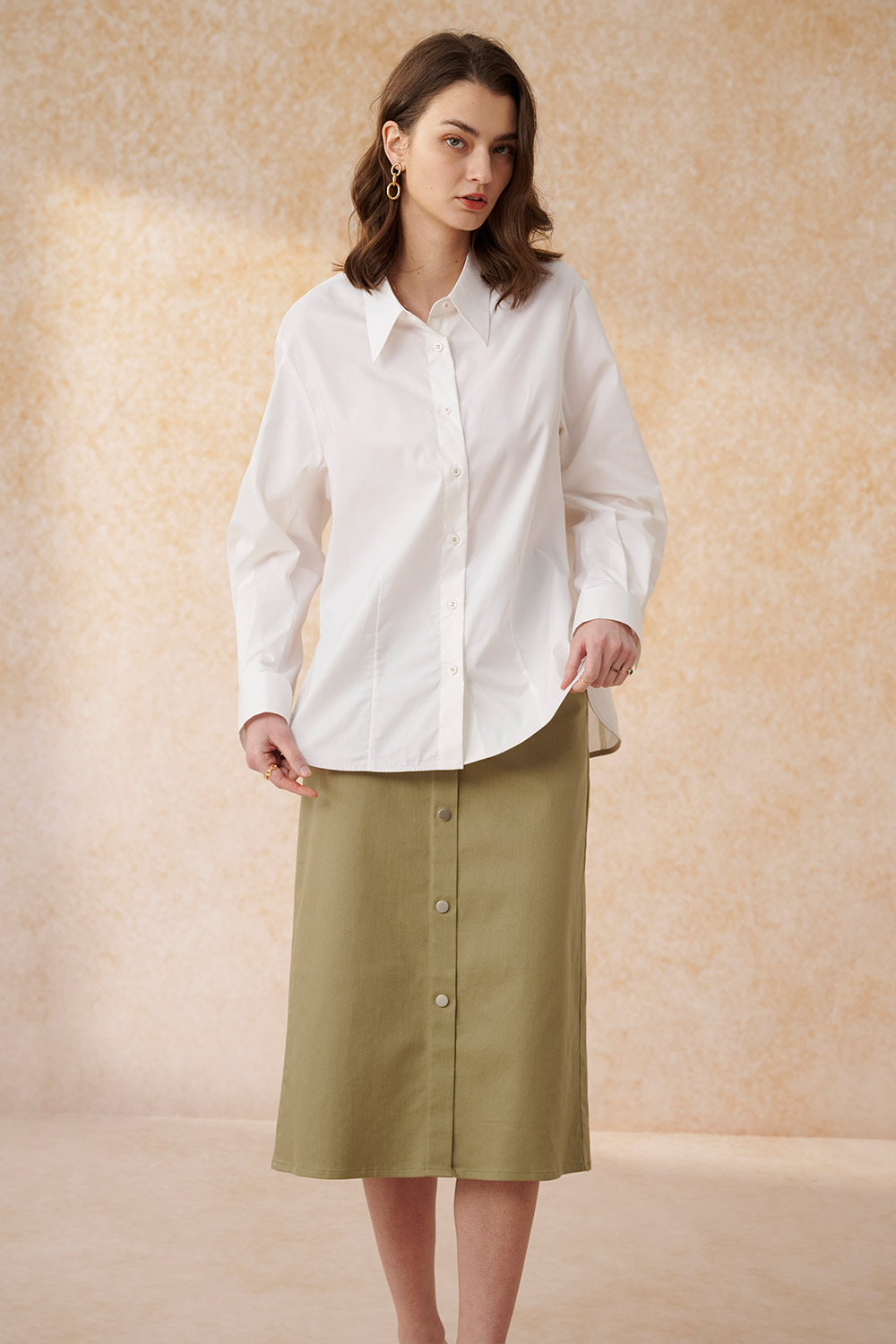 SST&C Light Gray Green Button-Embellished Knee-Length Skirt | 8362404003  (Outlet)_3