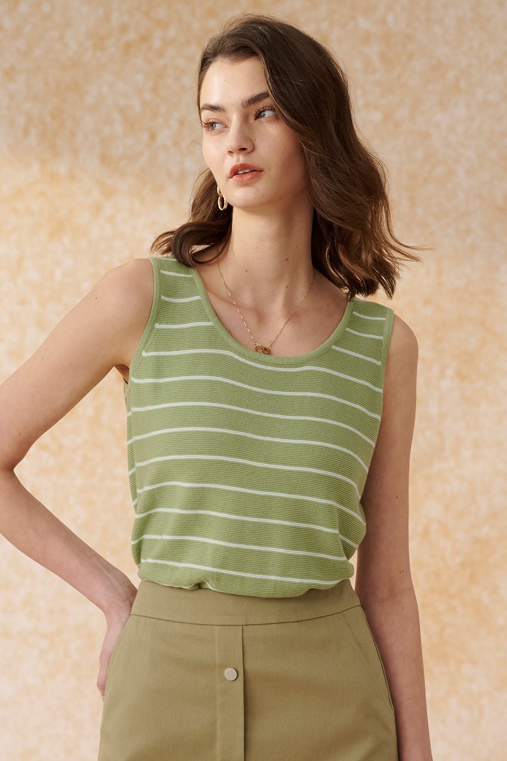 SST&C Bean Green/Light Blue Striped Pattern Sleeveless Sweater | 8662404003  (Outlet)_0