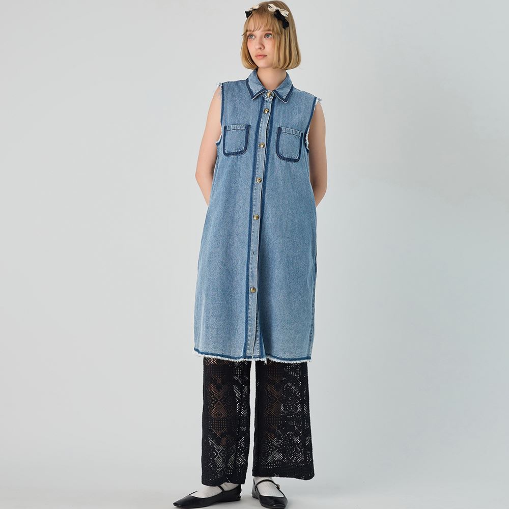 OUWEY歐薇 刷色無袖抽鬚率性牛仔洋裝(藍色；XS-L)3242328742_1