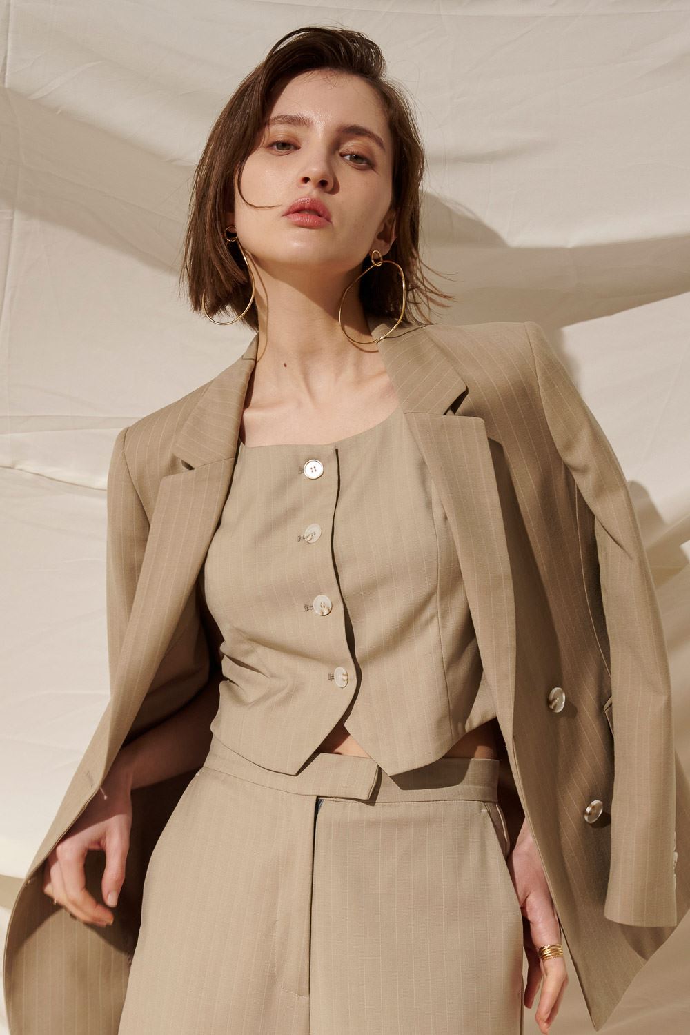 SST&C Khaki Straight Stripe Square Collar Suit Jacket | 7162404007  (Outlet)_0