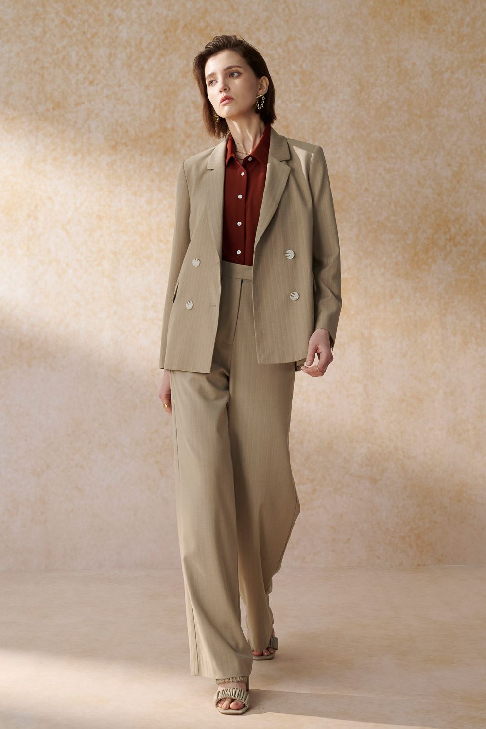 SST&C Khaki Straight Stripe Square Collar Suit Jacket | 7162404007  (Outlet)_4