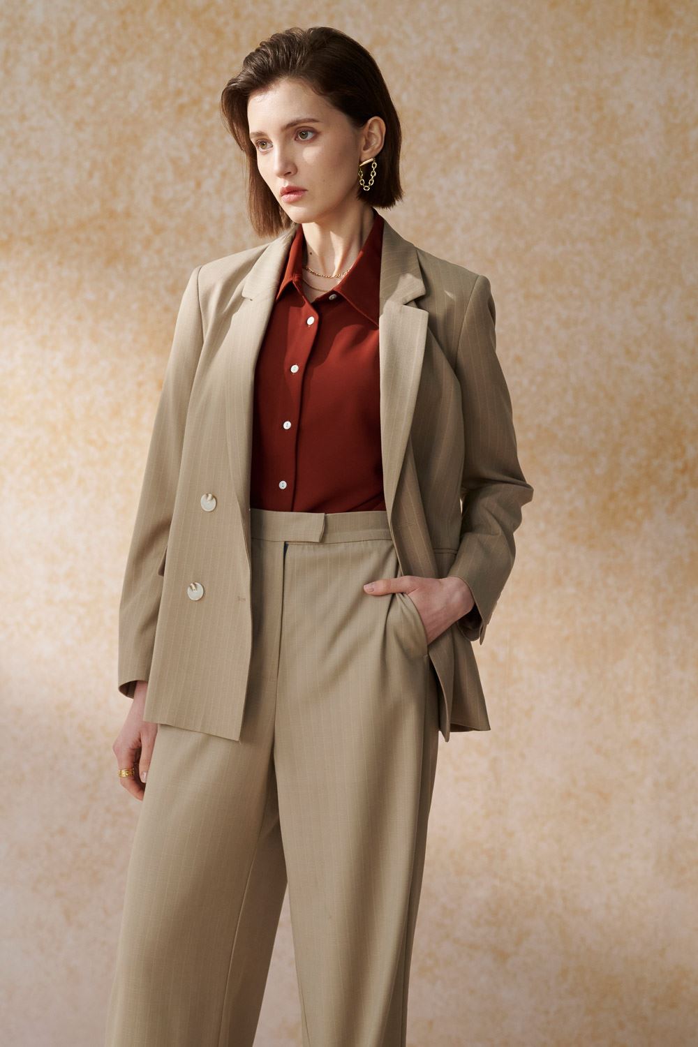 SST&C Khaki Straight Stripe Square Collar Suit Jacket | 7162404007  (Outlet)_5