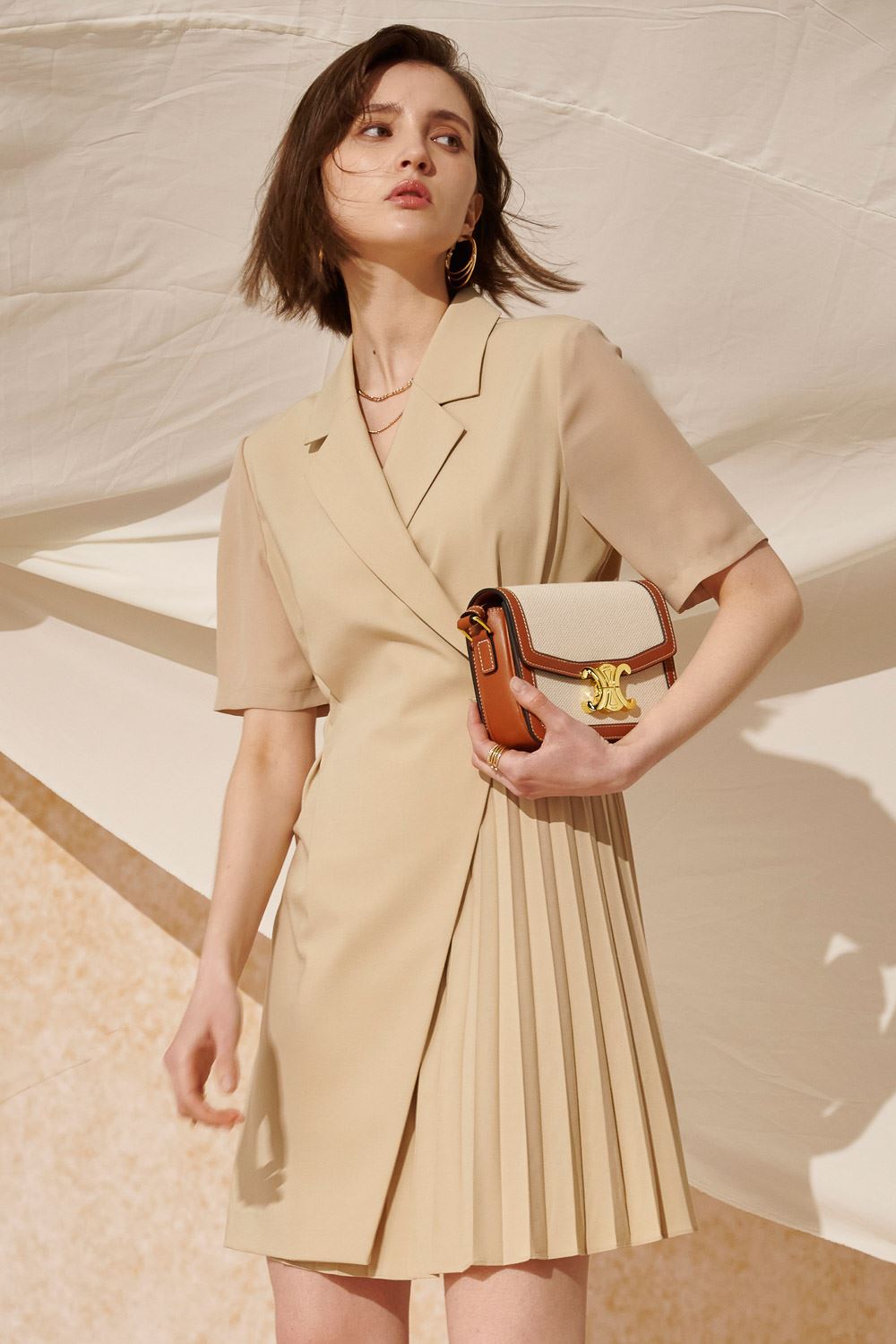 SST&C Apricot Lapel Pleated Dress | 8562404003  (Outlet)_0