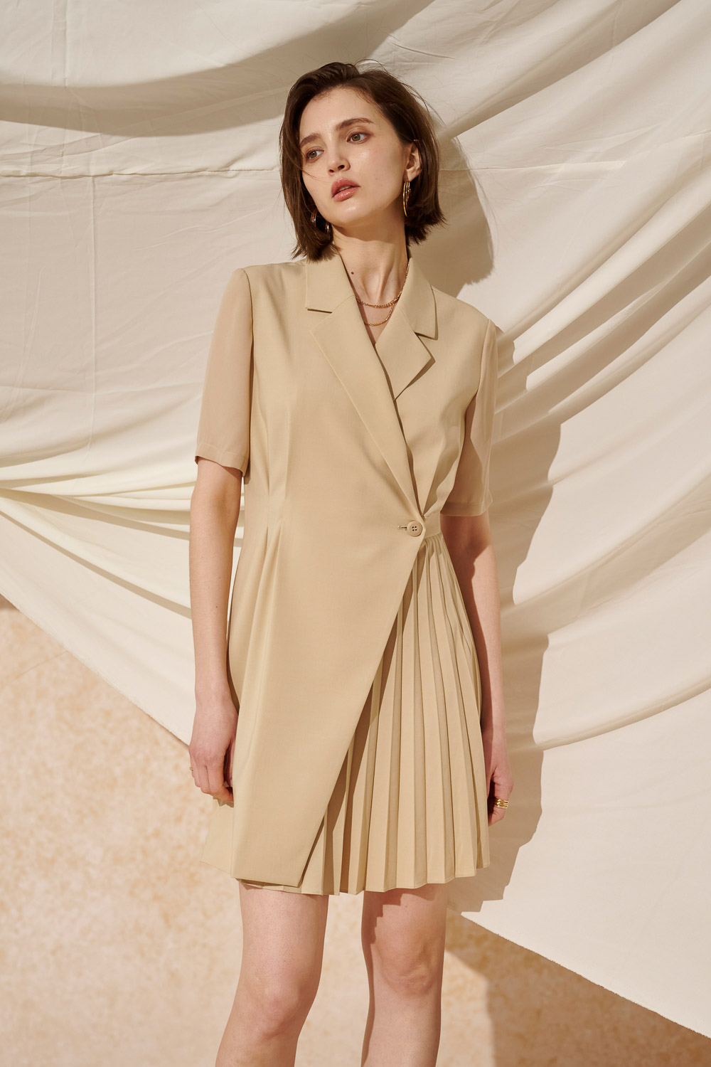 SST&C Apricot Lapel Pleated Dress | 8562404003  (Outlet)_1