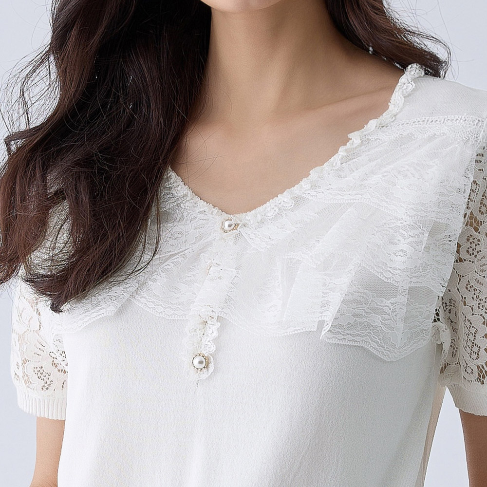 ILEY伊蕾 法式蕾絲V領縲縈針織上衣(兩色；M-XL)1242175005_2