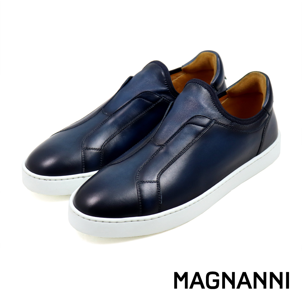 【MAGNANNI】純色真皮縫線懶人休閒鞋 海軍藍(25613-NA)