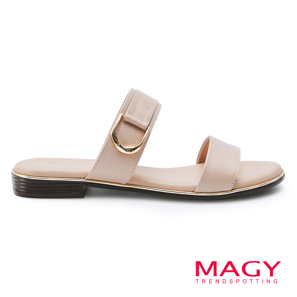MAGY 個性金屬飾扣二字寬帶拖鞋 裸色 #15006