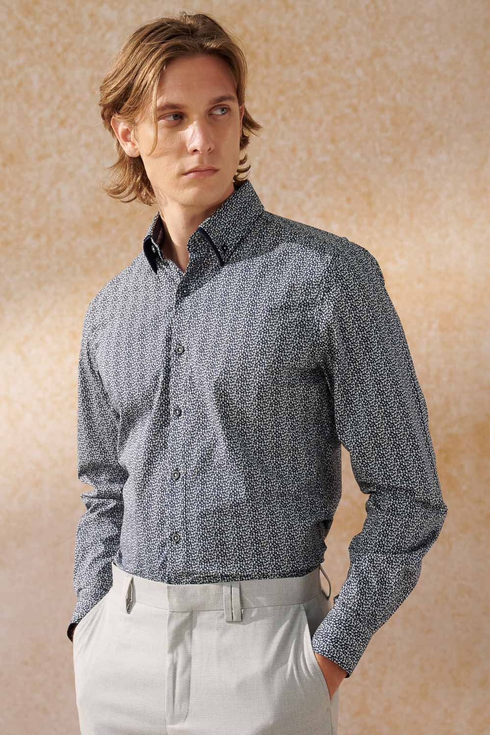 SST&C #Elastic Fit  Dark Blue Geometric Print Standard Fit Shirt | 0312404002  (Outlet)_0