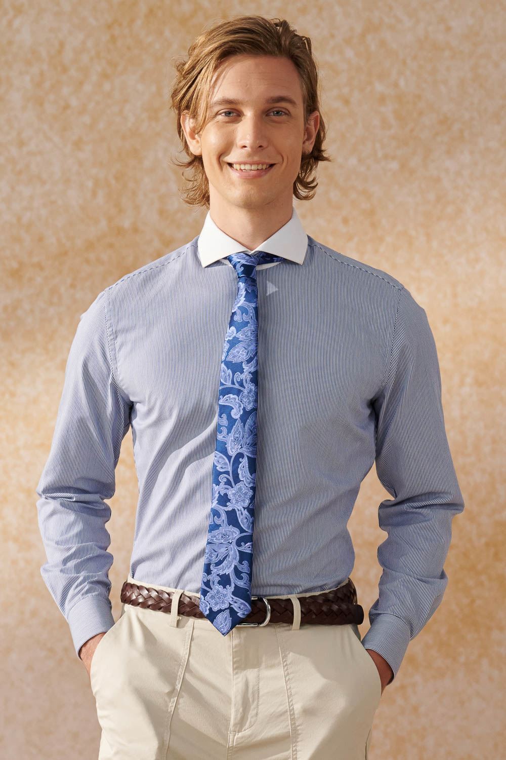 SST&C #Easycare  Blue Striped Pattern Slim Fit White Collar Shirt | 0312404014  (Outlet)_0