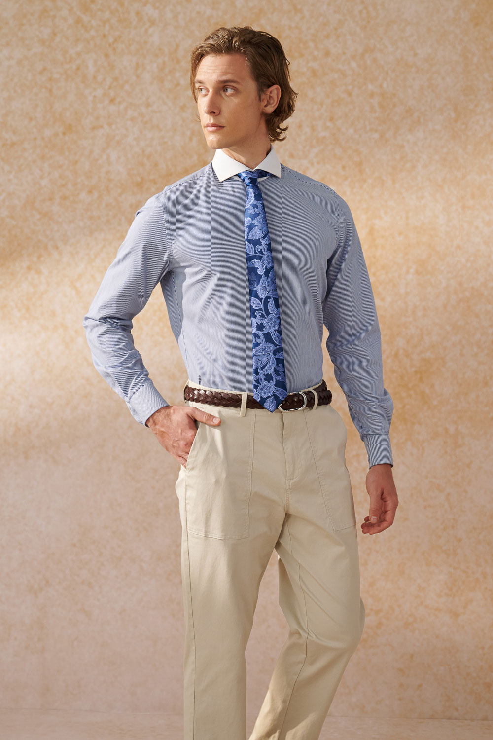 SST&C #Easycare  Blue Striped Pattern Slim Fit White Collar Shirt | 0312404014  (Outlet)_2