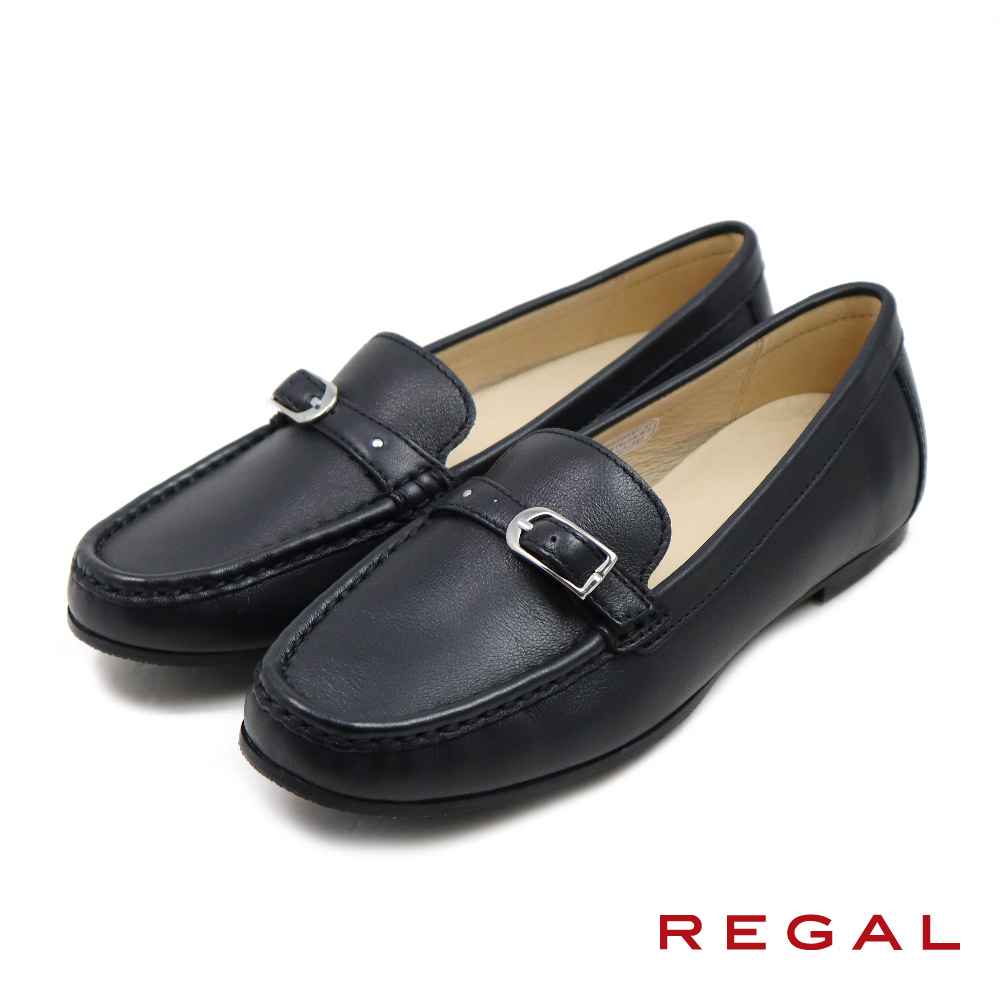 【REGAL】典雅素面皮紋淑女釦環樂福鞋 黑色(F72Q-BL)
