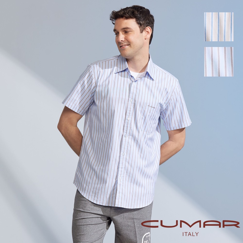 CUMAR 男裝短袖條紋仿絲綢襯衫 / 248304