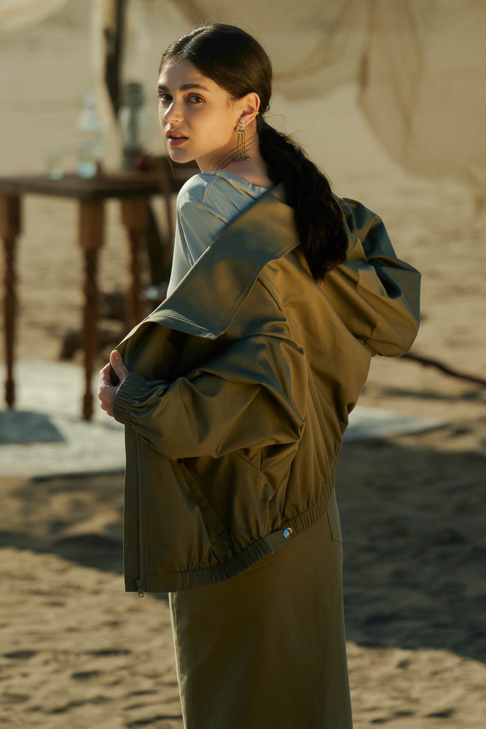 SST&C Olive Green Large Lapel Short Coat | 8162404004  (Outlet)_3