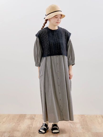 【SET ITEM】精緻蕾絲織綁帶背心+素色/格紋圓領襯衫洋裝(FL42L0H0680) - Samansa Mos2