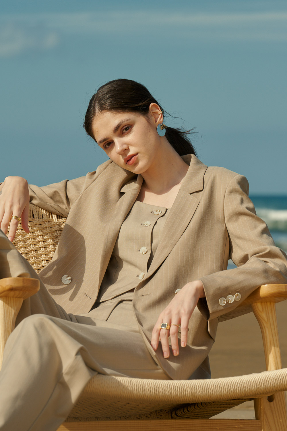 SST&C Khaki Straight Stripe Square Collar Suit Jacket | 7162404007  (Outlet)_1